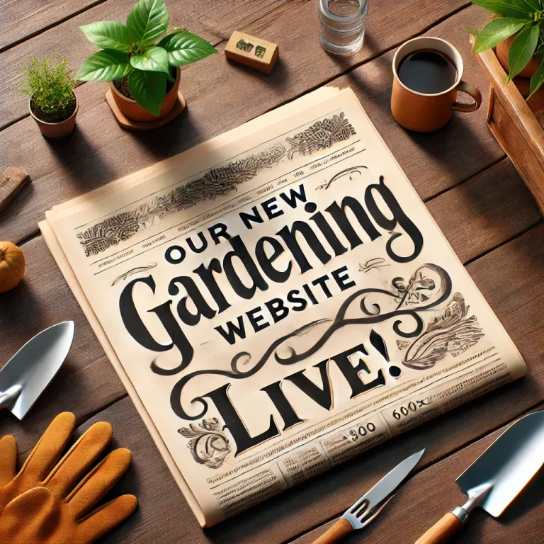 DALL·E 2025 01 08 07.26.24 A realistic image of a wooden table with a newspaper placed on it featuring a headline that reads Our New Gardening Website is Live in bold elega